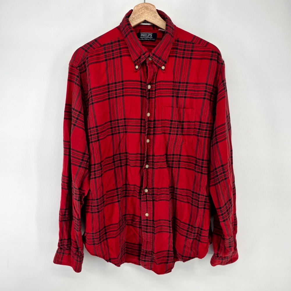 Phelps Button Down Shirt Mens XL Red Plaid Alpine Twill Made in USA Vintage
